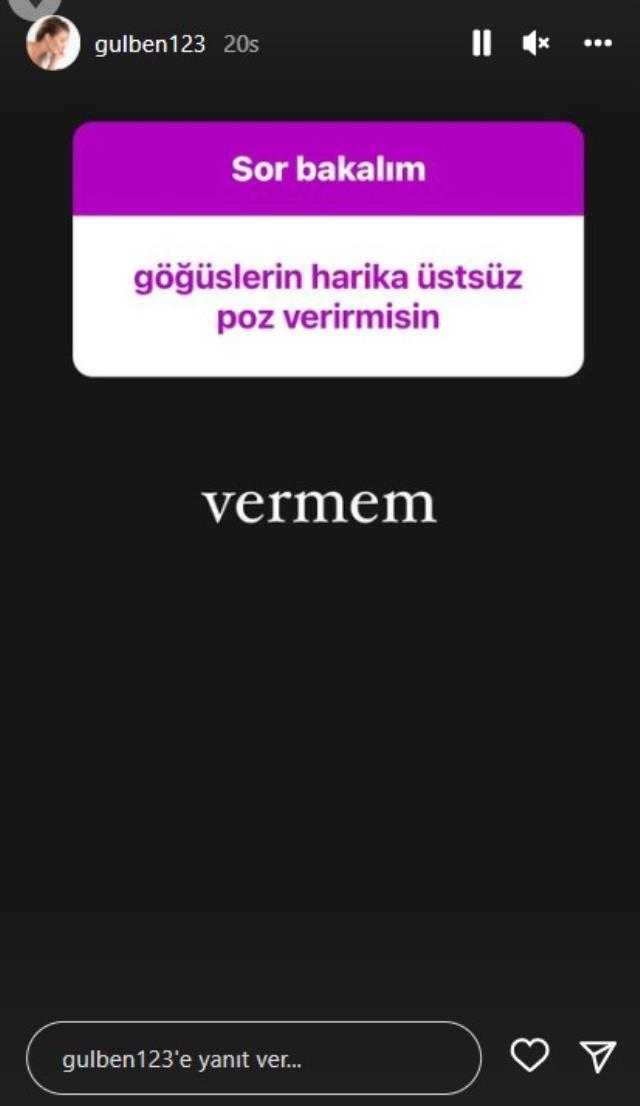 Gülben Ergen'den 'Göğüslerin harika, üstsüz poz verir misin?' sorusuna tek kelimelik cevap Gülben Ergen'den 'Göğüslerin harika, üstsüz poz verir misin?' sorusuna tek kelimelik cevap