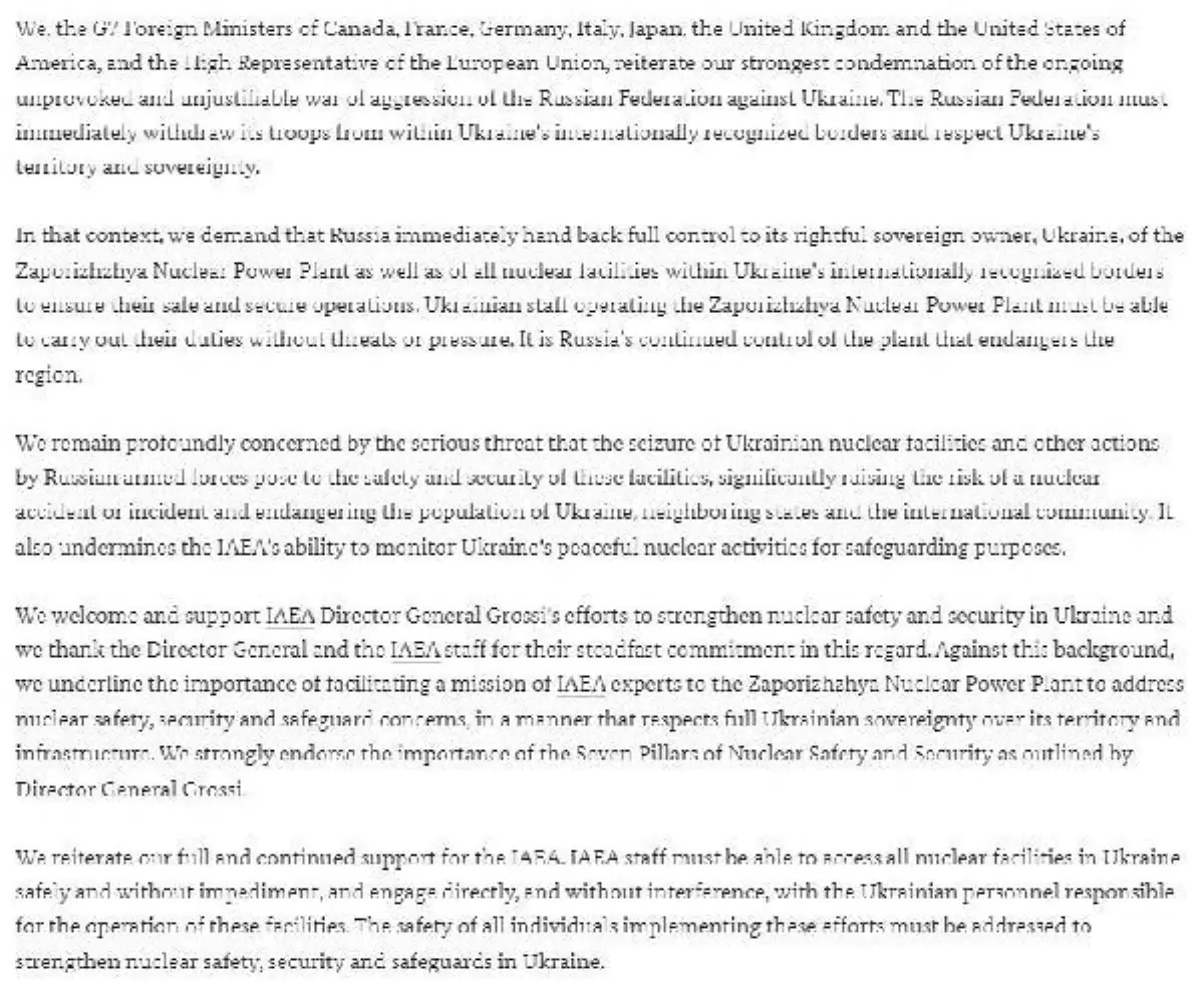 G7 Dışişleri Bakanları: Rusya, nükleer santrallerden derhal çekilmeli