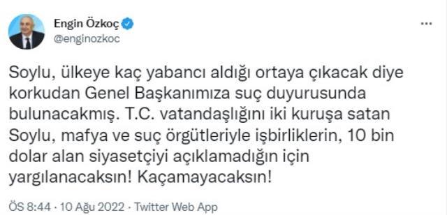 Özkoç'tan, İçişleri Bakanlığı'nın 'Ysk' Açıklamasına Yanıt: 'Soylu, Ülkeye Kaç Yabancı Aldığı Ortaya Çıkacak Diye Korkudan Suç Duyurusunda...