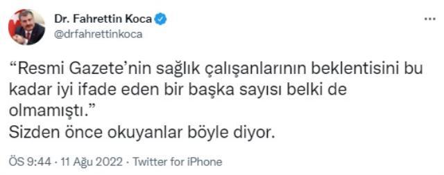 Bakan Koca'dan sağlık çalışanlarının özlük haklarıyla ilgili heyecanlandıran paylaşım! Resmi Gazete'yi işaret etti
