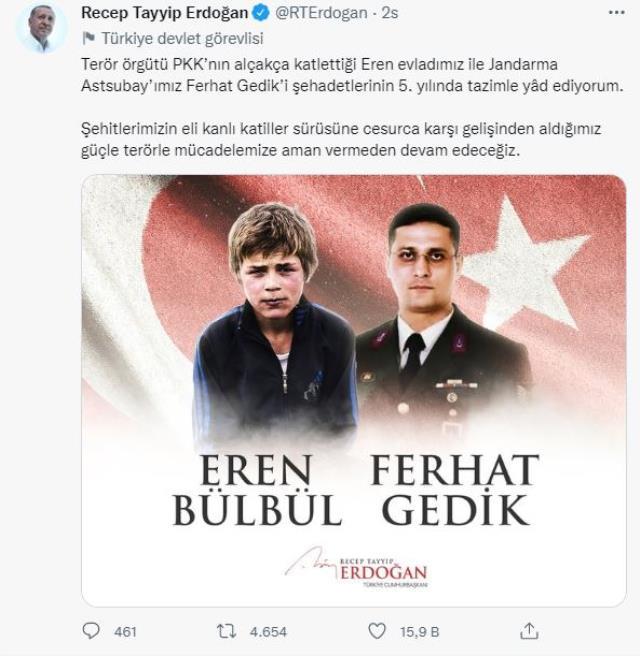 Cumhurbaşkanı Erdoğan'dan Eren Bülbül ve Ferhat Gedik paylaşımı
