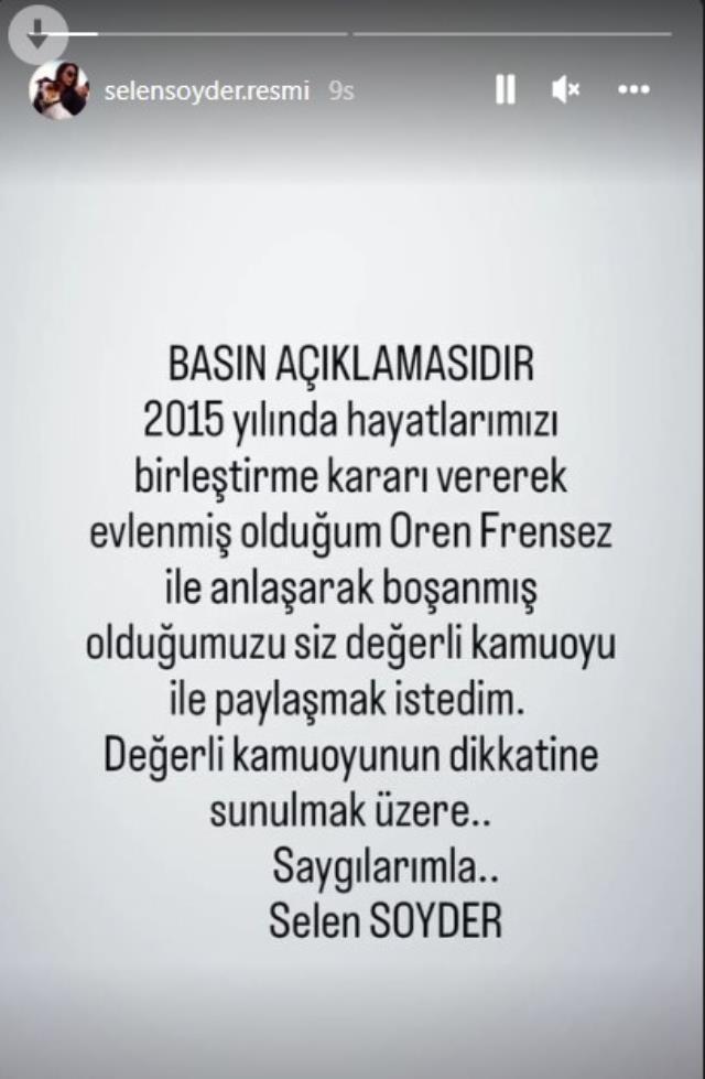Oyuncu Selen Soyder, 7 yıl önce evlendiği Oren Frensez ile tek celsede boşandı