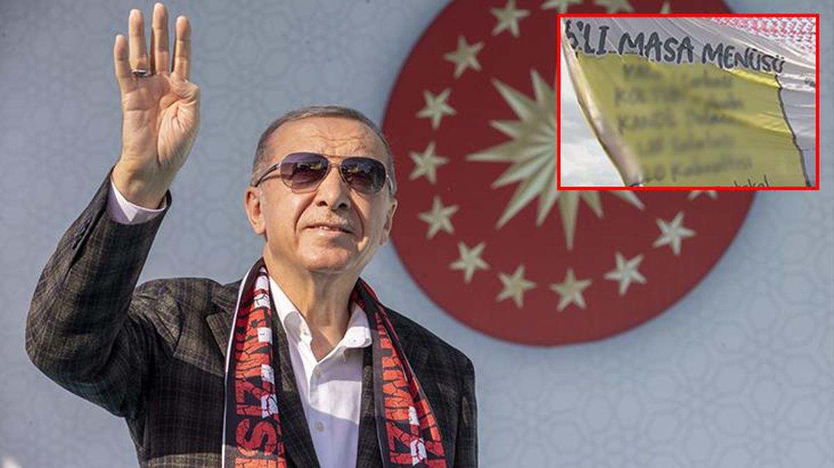 'Şurada bir poster var' diyen Cumhurbaşkanı Erdoğan, muhalefeti hedef alarak 6'lı masanın menüsünü saydı