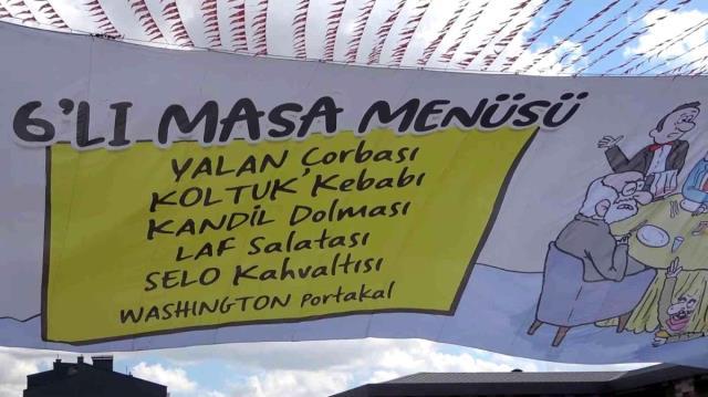 'Şurada bir poster var' diyen Cumhurbaşkanı Erdoğan, muhalefeti hedef alarak 6'lı masanın menüsünü saydı