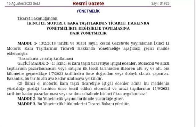 Son Dakika: 2. el otomobil satışında itibaren 6 ay ve 6 bin kilometre şartı resmen yürürlüğe girdi