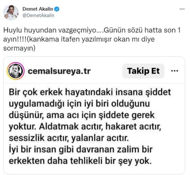 Demet Akalın, isim vermeden bir erkek arkadaşını hedef aldı: Huylu huyundan vazgeçmiyor