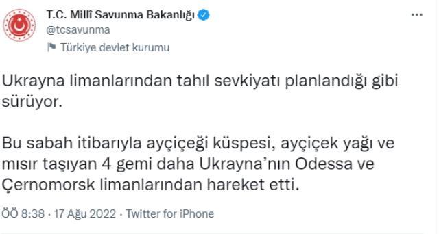 Milli Savunma Bakanlığı tahıl sevkiyatının planlandığı gibi devam ettiğini açıkladı