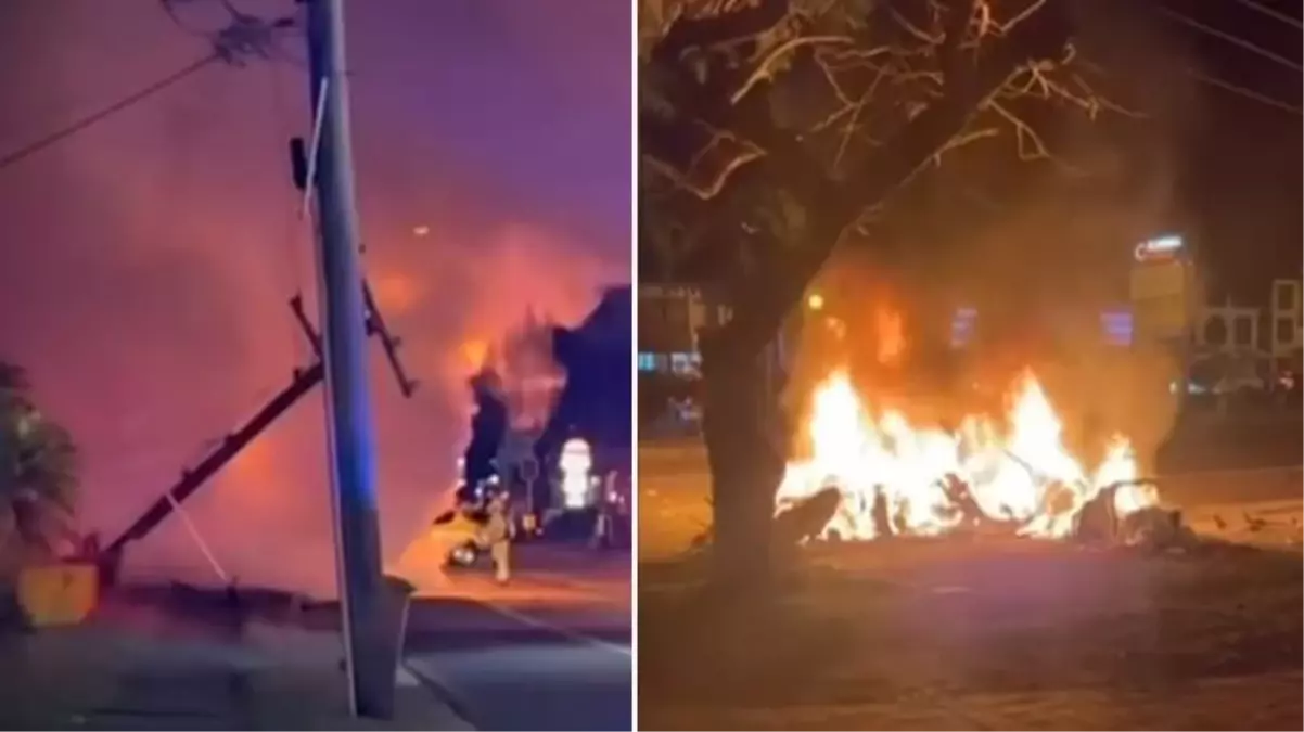 Elektrik direğine çarpan lüks araç alev topuna döndü, içindekiler son anda kurtuldu