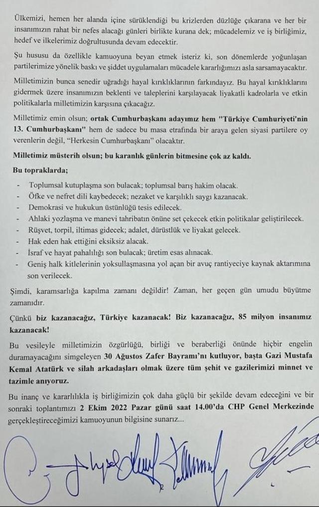 İlk turun son toplantısında bir araya gelen 6'lı masa toplantısı sonrası ortak açıklama