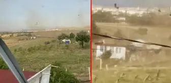 İlçede panik yaratan hortum, kapısının önünde oturan kişiyi havalandırarak savurdu