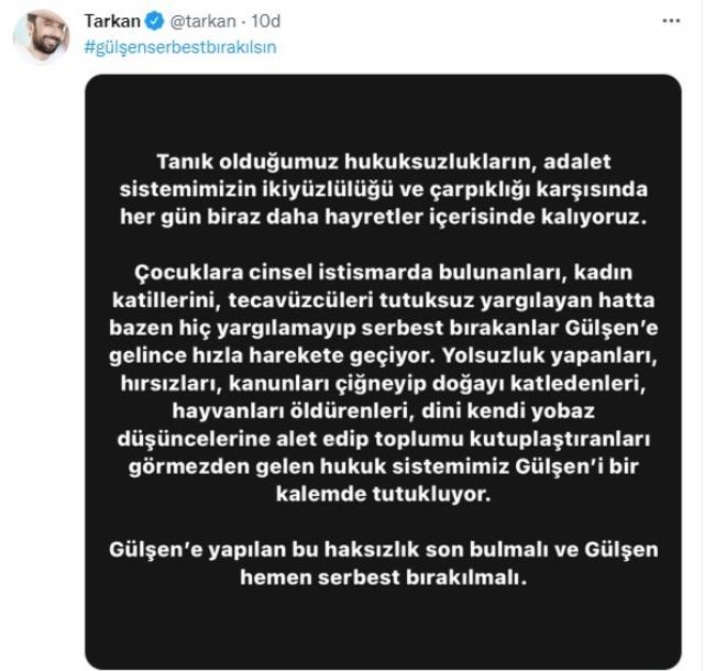 Tarkan'dan yakın arkadaşı Gülşen'in tutuklanmasına sert tepki: Hemen serbest bırakılmalı