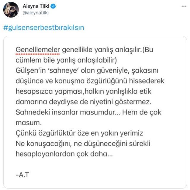 Aleyna Tilki'den Gülşen'in tutuklanmasına tepki: Sahnedeki insanlar masumdur Aleyna Tilki'den Gülşen'in tutuklanmasına tepki: Sahnedeki insanlar masumdur