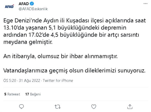 Aydın'da deprem mi oldu? 31 Ağustos Çarşamba Aydın Kuşadası depremi kaç büyüklüğünde, nerede oldu? Depremin merkez üssü neresi?