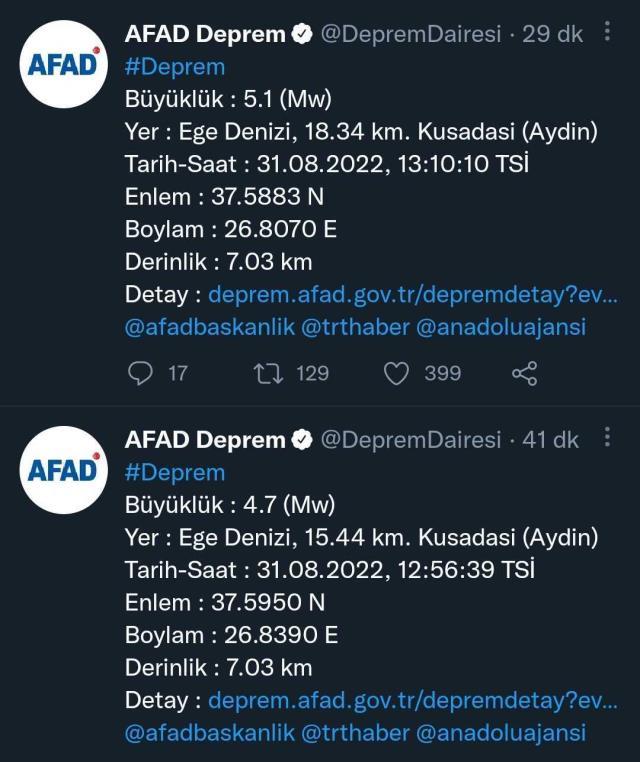 Son Dakika! Ege Denizi'nde 15 dakika arayla iki deprem! Kuşadası açıkları 4.7 ve 5.1 ile sallandı