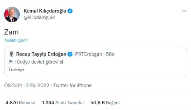 Akıma katılan Kılıçdaroğlu, Cumhurbaşkanı Erdoğan'ın 'Türkiye' tweetini alıntılayıp 'Zam' yazdı
