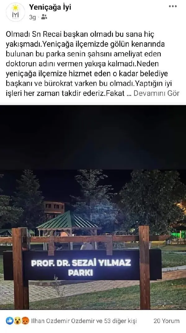 Kendisini ameliyat eden doktorun ismini parka veren belediye başkanına İYİ Parti'den tepki Kendisini ameliyat eden doktorun ismini parka veren belediye başkanına İYİ Parti'den tepki