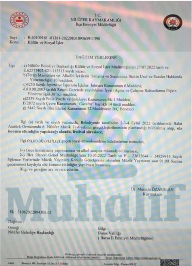 Nilüfer Müzik Festivali'ne konaklama ve içki yasağı getirildi