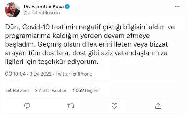 Fahrettin Koca, Covid-19 Testinin Negatif Çıktığını Duyurdu