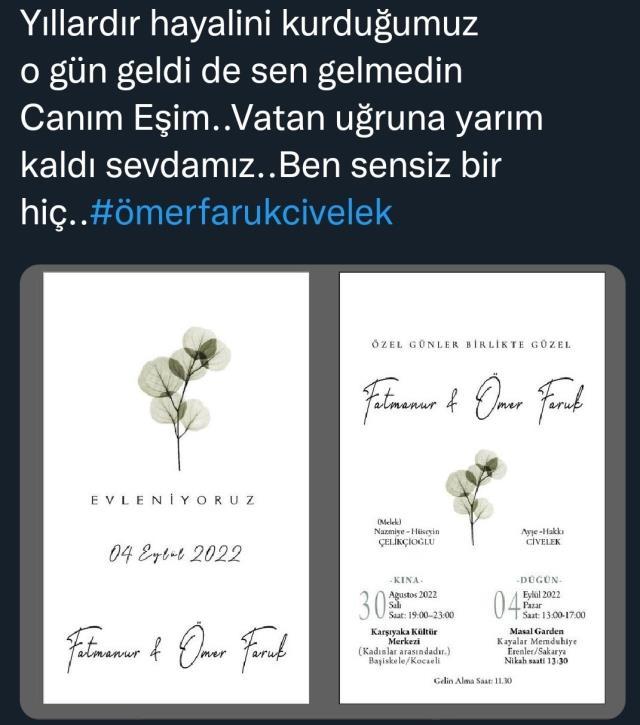 Şehidi nişanlısı düğün davetiyesi paylaşımıyla yürekleri dağladı: O gün geldi de sen gelemedin