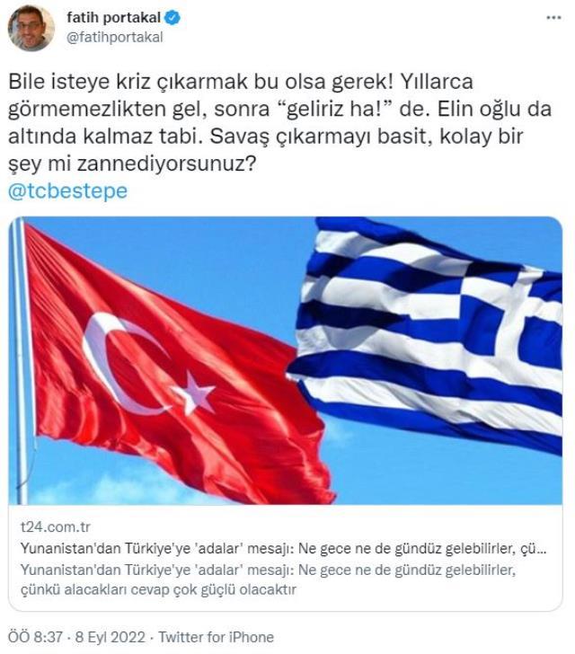 Fatih Portakal, Cumhurbaşkanı Erdoğan'ın Yunanistan'a yönelik, 'bir gece ansızın gelebiliriz' sözlerine karşı çıktı