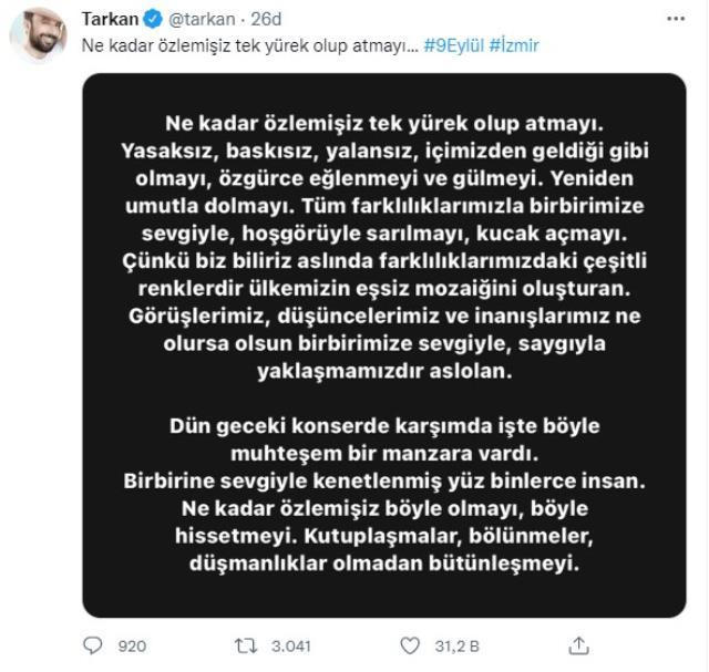 Tarkan: Ne Kadar Özlemişiz Tek Yürek Olup Atmayı. Yasaksız, Baskısız, Yalansız, İçimizden Geldiği Gibi Olmayı, Özgürce Eğlenmeyi ve Gülmeyi