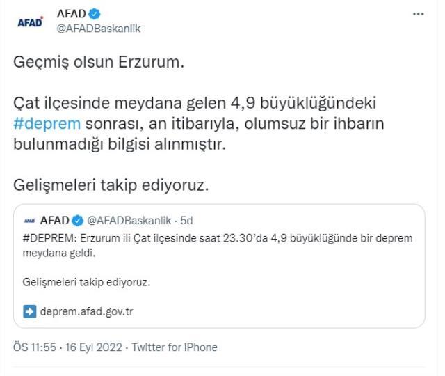 Son Dakika: Erzurum'da 4,9 büyüklüğünde deprem meydana geldi