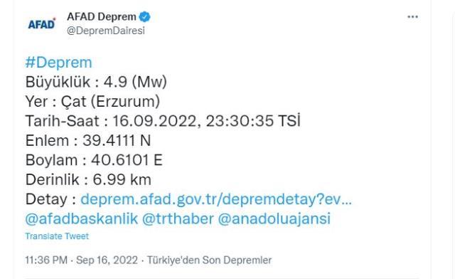 Son Dakika: Erzurum'da 4,9 büyüklüğünde deprem meydana geldi