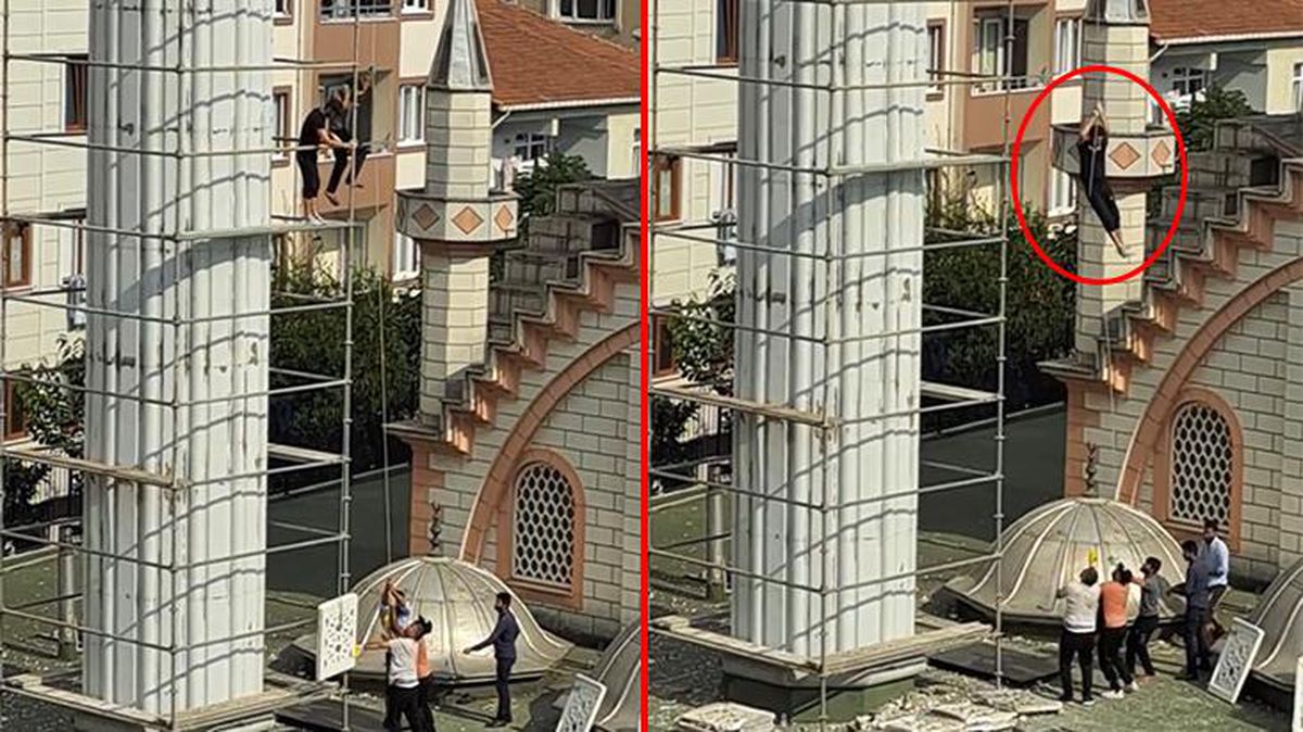 İlginç minare yenilemesi kamerada: Aşağıya atlayıp yukarıya taş çektiler