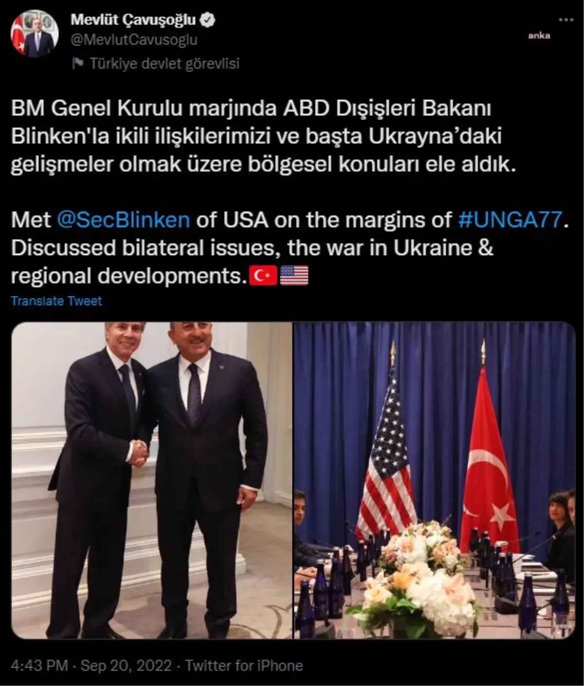 Çavuşoğlu, New York'ta Amerikalı mevkidaşı Blinken ile bir araya geldi