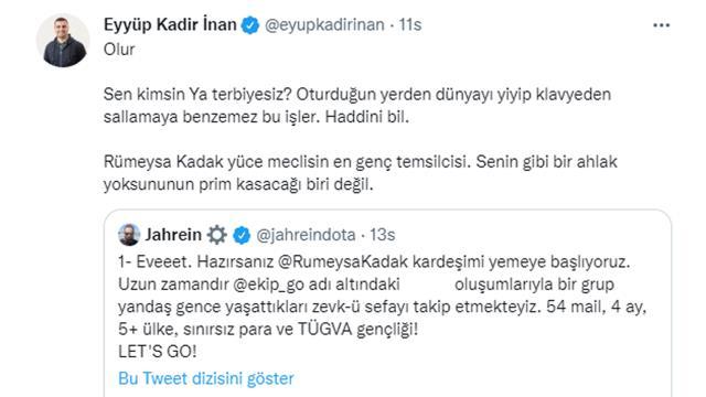 AK Parti Gençlik Kolları Başkanı da tartışmaya dahil oldu! Jahrein, AK Partili Rümeysa Kadak'a tepkiler yağdırdı! AK Parti Gençlik Kolları Başkanı da tartışmaya dahil oldu! Jahrein, AK Partili Rümeysa Kadak'a tepkiler yağdırdı!