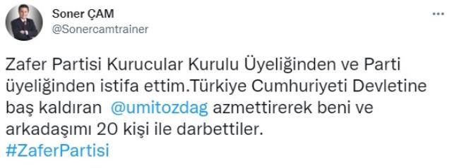Zafer Partisi'nin kurucularından Soner Çam, Ümit Özdağ'ın kendisini dövdürdüğünü iddia ederek istifa etti