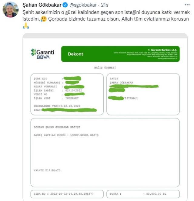 Şehidin vasiyetine destek vermek için yaptığı bağışın miktarını paylaşan Şahan Gökbakar'a tepki yağıyor