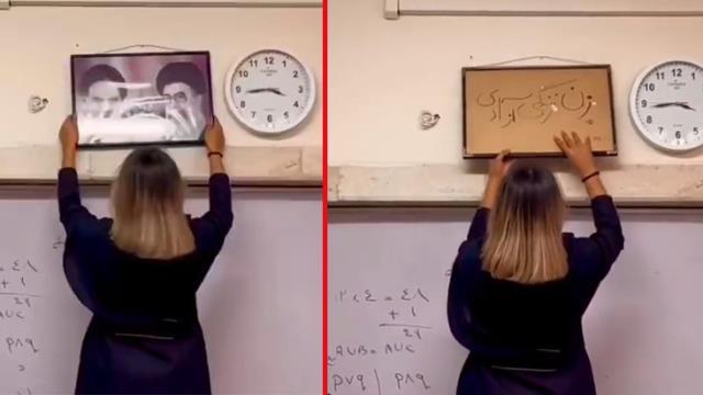 İran'lı kız öğrenciler başörtülerini çıkarıp Humeyni'nin fotoğraflarını yırttı