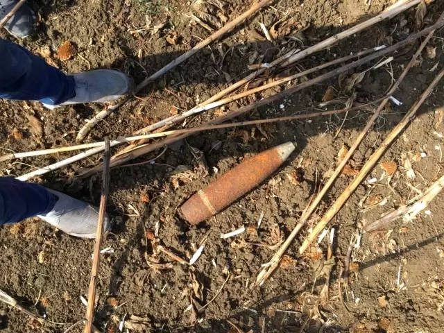 Ayçiçeği toplamaya giden çiftçi, tarlada patlamamış top mermisi buldu