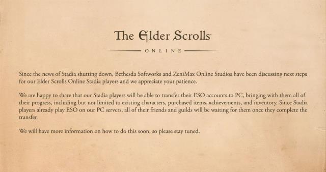 Stadia'daki The Elder Scrolls Online verileriniz PC'ye aktarılabilecek Stadia'daki The Elder Scrolls Online verileriniz PC'ye aktarılabilecek