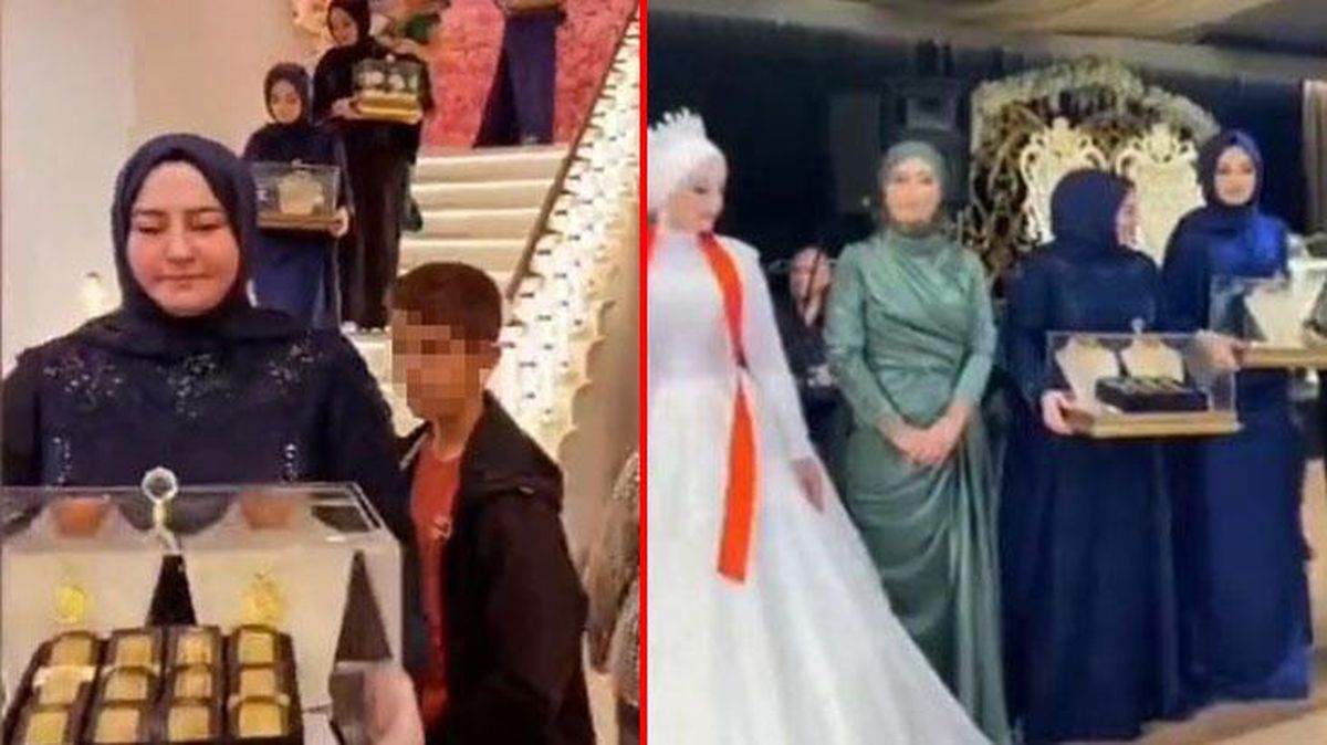 Düğünde geline takılan altınlar geçit töreniyle sergilendi, konukların gözleri fal taşı gibi açıldı