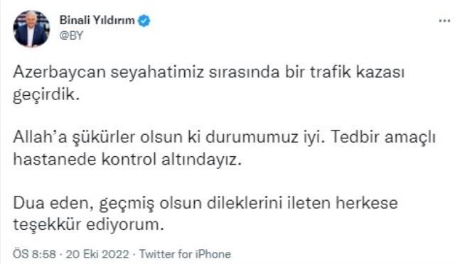 AK Parti'den Azerbaycan'da trafik kazası geçiren Binali Yıldırım'ın sağlık durumuyla ilgili açıklama: Tedbir amaçlı gözetim altındalar