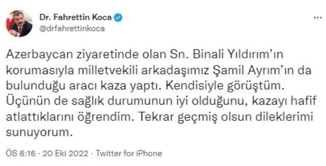 AK Parti'den Azerbaycan'da trafik kazası geçiren Binali Yıldırım'ın sağlık durumuyla ilgili açıklama: Tedbir amaçlı gözetim altındalar