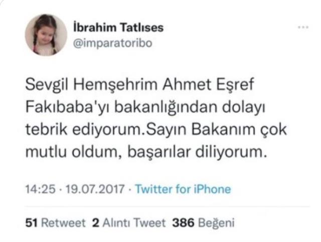 AK Parti'den istifa eden Eşref Fakıbaba'ya ateş püsküren İbrahim Tatlıses geçmiş paylaşımını silmeyi unuttu AK Parti'den istifa eden Eşref Fakıbaba'ya ateş püsküren İbrahim Tatlıses geçmiş paylaşımını silmeyi unuttu
