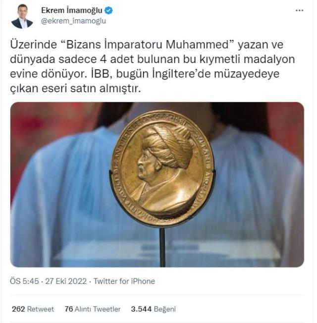 Fatih Sultan Mehmet'in resmedildiği madalyon İngiltere'de müzayede İBB tarafından satın alındı Fatih Sultan Mehmet'in resmedildiği madalyon İngiltere'de müzayede İBB tarafından satın alındı