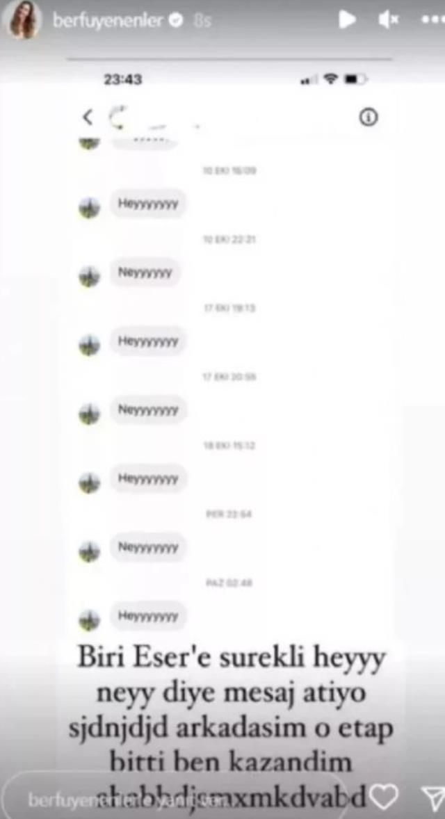 Berfu Yenenler, eşi Eser Yenenler'e sürekli 'Heyy' diye mesaj atan kadını ifşa etti