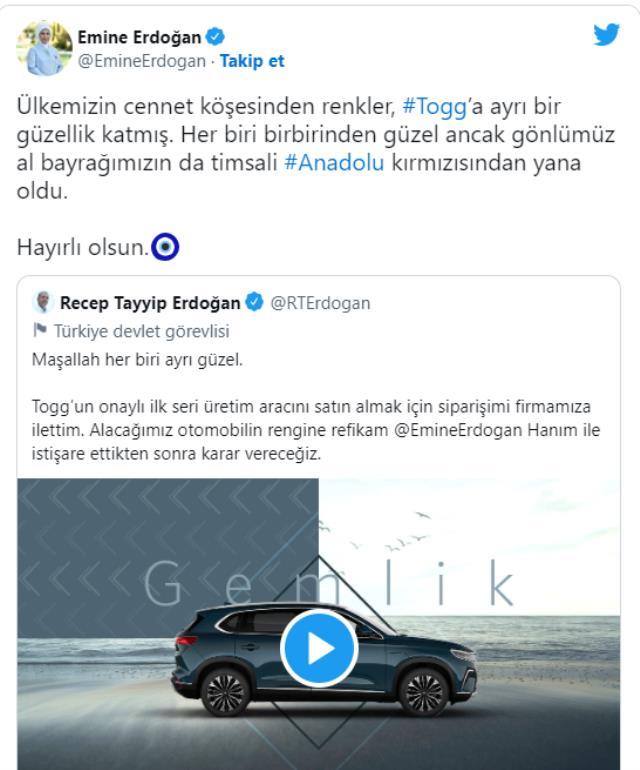 Cumhurbaşkanı Erdoğan kararı ''eşimle istişare edeceğiz'' demişti! Emine Erdoğan'dan TOGG için renk paylaşımı Cumhurbaşkanı Erdoğan kararı ''eşimle istişare edeceğiz'' demişti! Emine Erdoğan'dan TOGG için renk paylaşımı