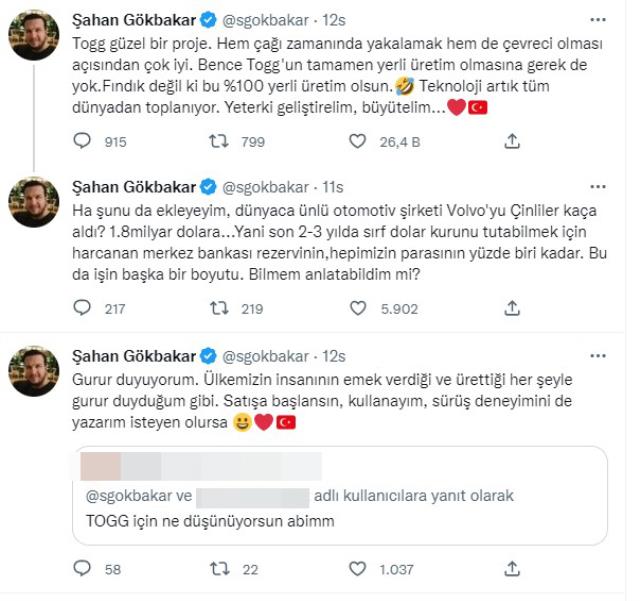 Şahan Gökbakar'dan yerli otomobil Togg'la ilgili dikkat çeken paylaşım