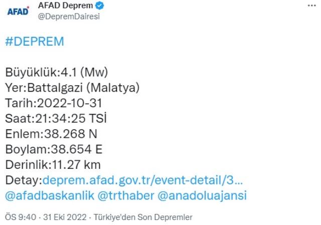 Son Dakika: Malatya Battalgazi'de 4.1 büyüklüğünde deprem meydana geldi Son Dakika: Malatya Battalgazi'de 4.1 büyüklüğünde deprem meydana geldi
