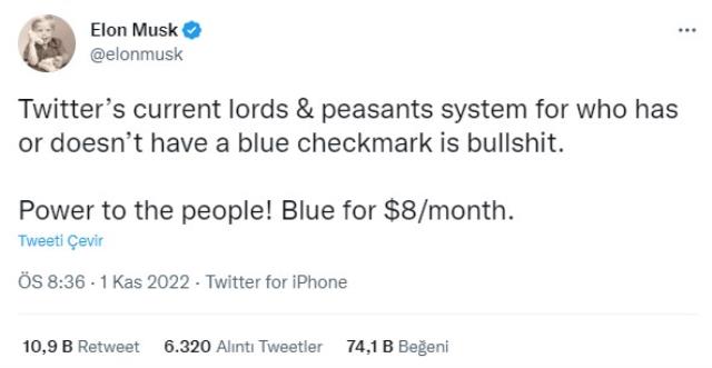 Elon Musk tartışmalara son noktayı koydu: Twitter'da mavi tik 8 dolar olacak