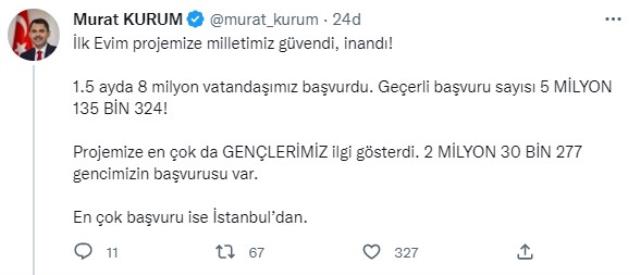 Son Dakika! Bakan Kurum: İlk Evim projemize 8 milyon kişi başvurdu, geçerli başvuru sayısı ise 5 milyon 135 bin 324 oldu