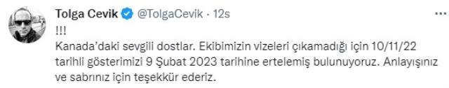 Vize başvurusu reddedilen Tolga Çevik Toronto'daki gösterisini erteledi
