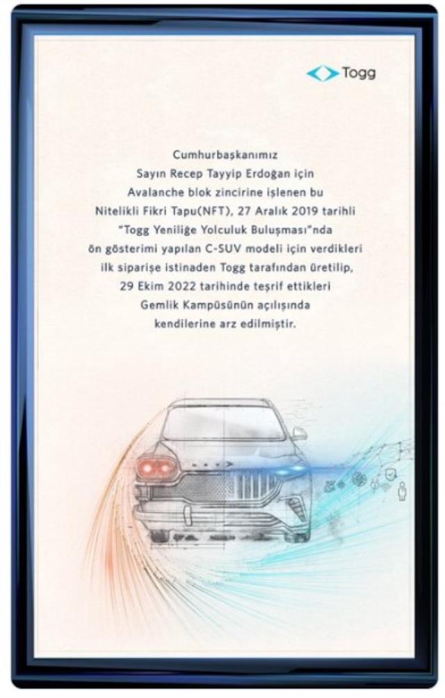 Togg,Cumhurbaşkanı Erdoğan'a NFT hediye etti! Togg,Cumhurbaşkanı Erdoğan'a NFT hediye etti!