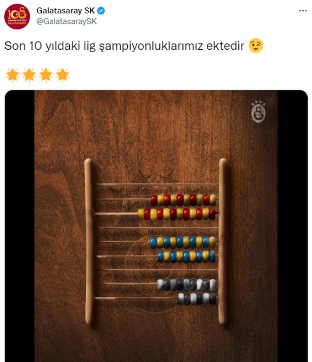 Galatasaray'dan Şenol Güneş'e abaküslü şampiyonluk göndermesi: Son 10 yıldaki lig şampiyonluklarımız ektedir Galatasaray'dan Şenol Güneş'e abaküslü şampiyonluk göndermesi: Son 10 yıldaki lig şampiyonluklarımız ektedir