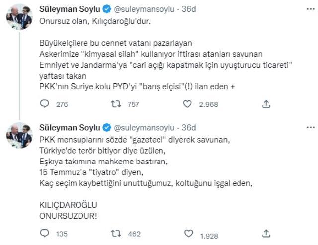 Bakan Soylu'dan Kılıçdaroğlu'na zehir zemberek yanıt: Onursuz olan Kılıçdaroğlu'dur Bakan Soylu'dan Kılıçdaroğlu'na zehir zemberek yanıt: Onursuz olan Kılıçdaroğlu'dur